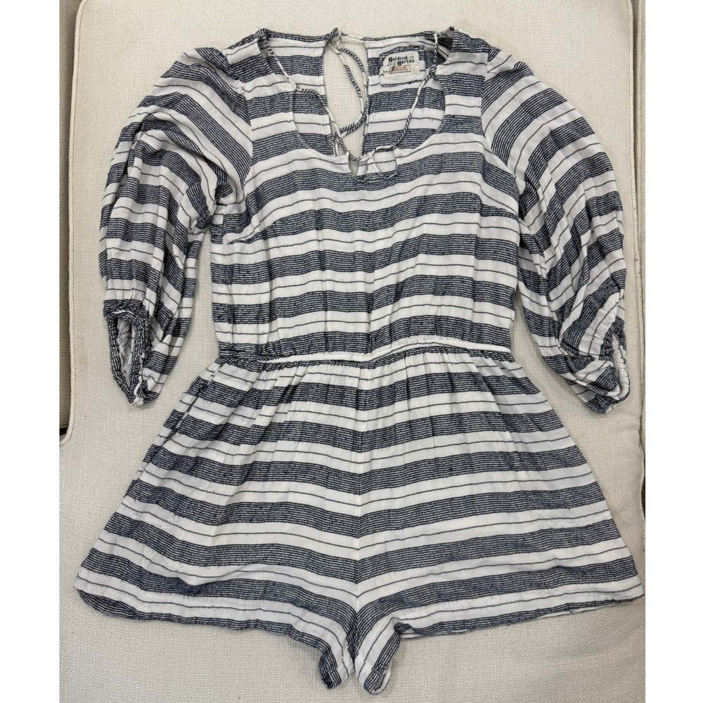 Holding Horses Romper Womens L Striped 3/4 Sleeve Keyhole Back Excellent